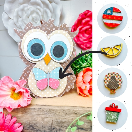 Interchangeable wood owl, swap out the insert each month for a new shape