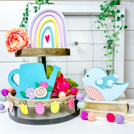 DIY Spring wood shapes, rainbow, watering can, and bird.  Unfinished wood crafts