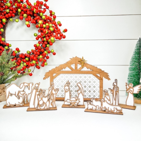 CK1242 layered detailed wooden nativity set Christmas Mary Jesus Joseph manger