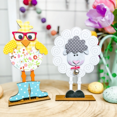 Easter Farm Friends wood DIY Easter Crafts Easter Lamb and Easter chick in shell and rainboot