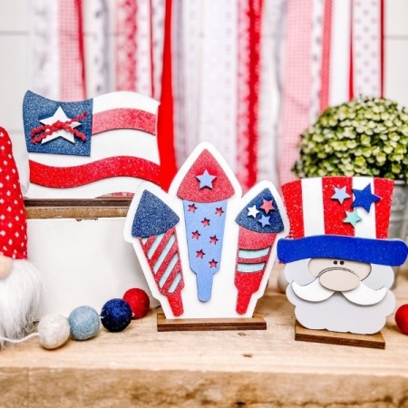 Red White and Blue 4th of July trio wood crafts uncle sam firecrackers flag 
