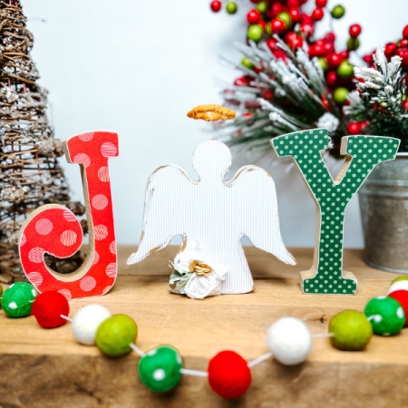 Wooden Joy letters Christmas angel