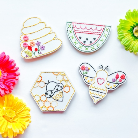 summer bundle wood embroidery shapes beehive honey comb bumble bee and watermelon